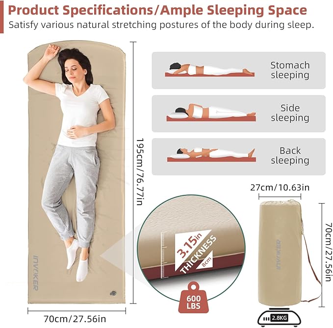 INVOKER 3.15" Self-Inflating Camping Sleeping Pad, Ultra-Thick Foam Fast Inflating Camping Mat Air Mattress with Pillow, 4-Season Insulated for Tent, Car, Camping, Travel, Khaki with Pink-Orange