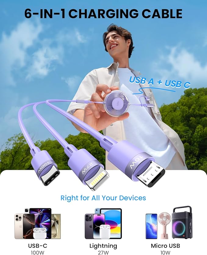 100W 6-in-1 Retractable Multi Charging Cable, USB C/Lightning/Micro Multi Charger Cord for iPhones, iPads, MacBook, Tablets, Galaxy, Note & More - 4Ft/1.2M 5A Fast Charging, Durable & Portable, Purple