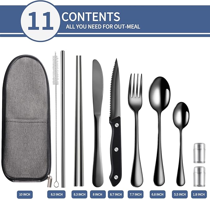 Travel Utensils with Case,Reusable Utensils,Portable Travel Camping Cutlery Set,Stainless Steel Flatware Set,Lunch Boxes Workplace Camping School Picnic (Black)