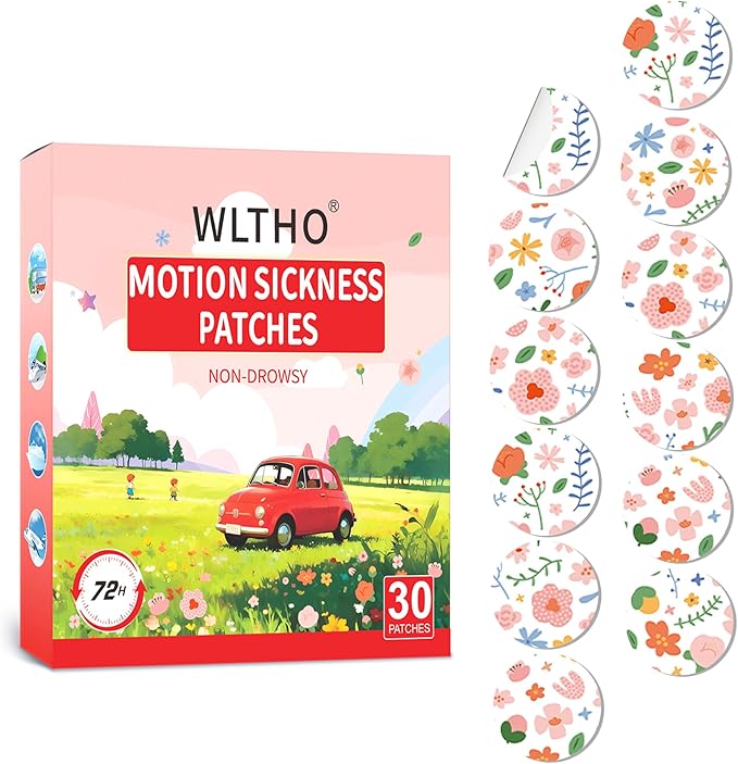 30ct Motion Sickness Patches Non Drowsy, Sea Sickness Patch for Cruise Travel Essentials, Waterproof Patches Behind Ear, Custom Floral Pattern, Long Last 72H