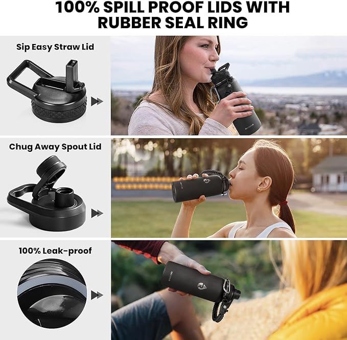 Insulated Water Bottle 32 oz, Triple Wall Vacuum Stainless Steel (Cold for 48 Hrs), Leak Proof & Non-BPA, Modern Water Flask Jug with Paracord Handle & Straw Spout Lids, Magic Black