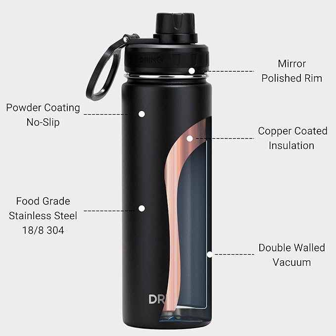 Drinco Stainless Steel Water Bottle Spout Lid Vacuum Insulated Double Wall Water Bottle Wide Mouth (40oz 32oz 22oz 18oz 14oz) Leak Proof Keep Cold Sport Camping Hiking (22 oz, 22oz Black)