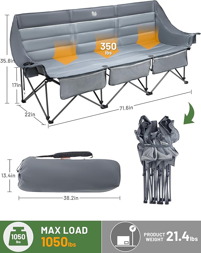 TIMBER RIDGE Padded 3 Person Camping Chair Supports to 1050lbs, Portable Camp Couch Double Camping Chairs, Outdoor Oversized Folding Loveseat Perfect for Campsites, Patio/Lawn, Soccer Games, Grey