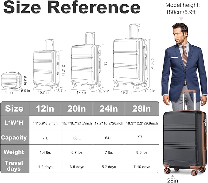 Kono 24 Inch Luggage Suitcase Lightweight with Spinner Wheels TSA Lock Hardside Medium Checked Luggage Durable Rolling Suitcase Apricot Black