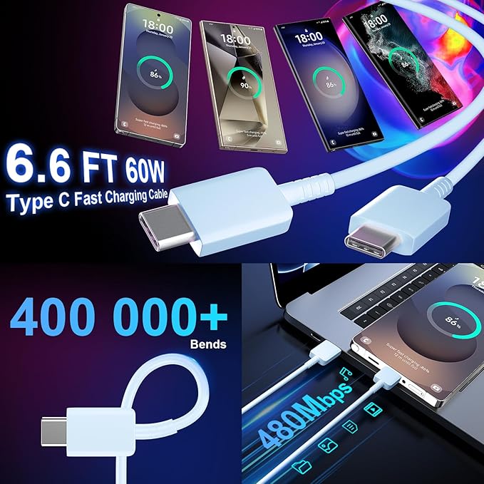 USB C Android Charger Fast Charging Cord, Super Fast Phone Chargers 6.6FT C to C Type Cable with 25W USBC Wall Block for Samsung Galaxy S26 S25 S24 Ultra Plus/S23/S22/S21/S20/Note 20/10, Blue