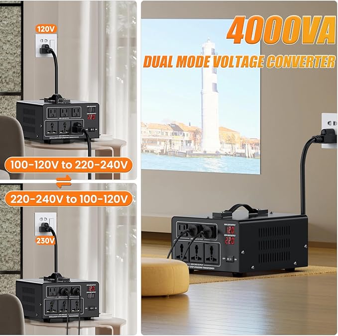 1500W Voltage Converter Transformer Step Up 110V/120V to220V/240V or Step Down 220V to 110V AC Power Converte, Circuit Breaker Protection, 2 US sockets, 2 Universal sockets, LCD Display