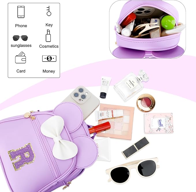 KKXIU Girls Initial Bowknot Cute Mini Backpack for Toddler, Travel Small Girl Backpacks, Personalized Birthday Gifts for Little Girls and Kids(R, Purple)
