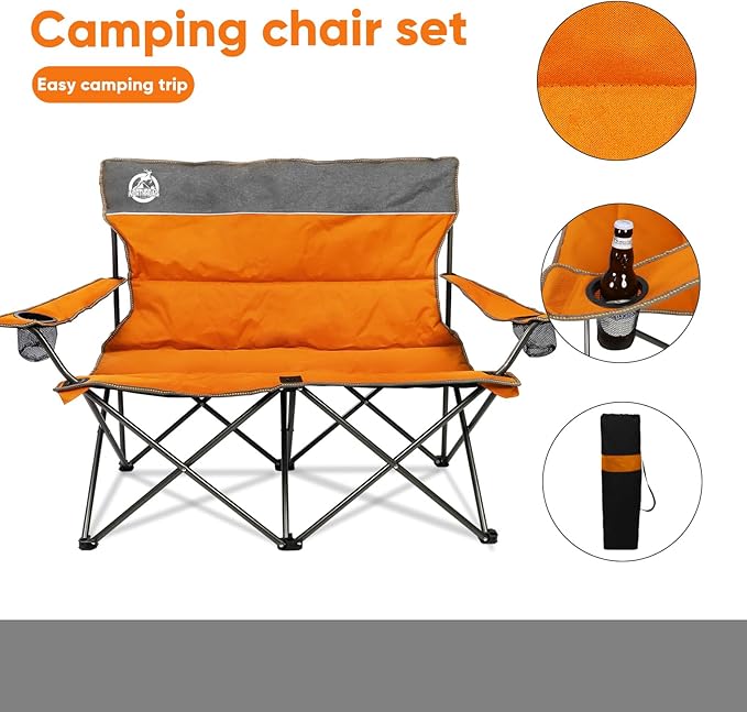 Northroad Outdoor Camping Chair Set of 3,Folding Padded Camp Chair w/1 Sofa,2 Single Chairs,Collapsible Conversation Set for Family Patio, Beach(Orange)