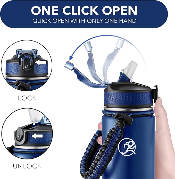 GOSWAG Insulated Sports Water Bottle, 24oz 2 Lids(with Straw/No Straw), Stainless Steel Water Bottles with Paracord Handle, Insulated Bottle with Double-Wall Vacuum Insulation
