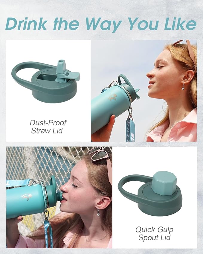 Coolflask Water Bottle 40 oz with Strap, Insulated Metal Water Flask with Straw & Spout Lids, Stainless Steel Double Wall Vacuum, Keep Cold 48h Hot 24h, Leak Proof & Non-BPA, Agate Green