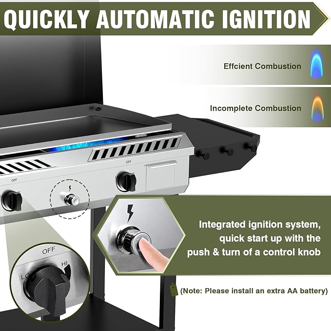 Bestfire 2 Burner Outdoor Propane Gas Stove with Auto Ignition & Regulator, 150,000 BTU High-Pressure Stand Cooker with Flat Top Grill Griddle & Shelf, Portable Cast Iron Burner for Canning & Frying