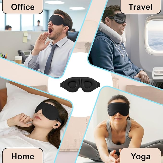 Luxury Sleep Mask – Pack of 2 Ultra-Soft Silk Eye Covers with Adjustable Strap & Soft Ear Loops, 3D Contoured Light Blocking Sleeping Mask for Travel, Naps & Relaxation(Black & Black)