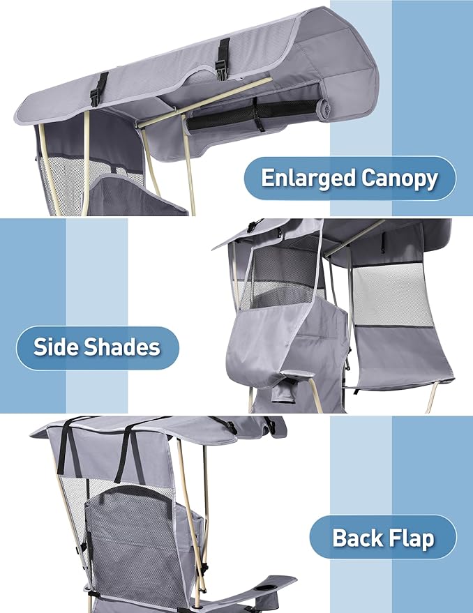 Beach Chair with Canopy Shade, Folding Camping Chair with Canopy with Cup Holder, Side Pocket for Camp, Beach, Tailgates, Fishing - Support 330 LBS
