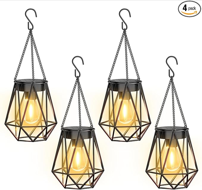 KOOPER 4 Pack Hanging Solar Lanterns Outdoor Waterproof, Metal Solar Powered Lantern Lights, Bright Diamond Shape Lantern with Hook, Outdoor Decorative Lanterns for Patio Porch Garden Yard Decor Gift