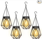 KOOPER 4 Pack Hanging Solar Lanterns Outdoor Waterproof, Metal Solar Powered Lantern Lights, Bright Diamond Shape Lantern with Hook, Outdoor Decorative Lanterns for Patio Porch Garden Yard Decor Gift