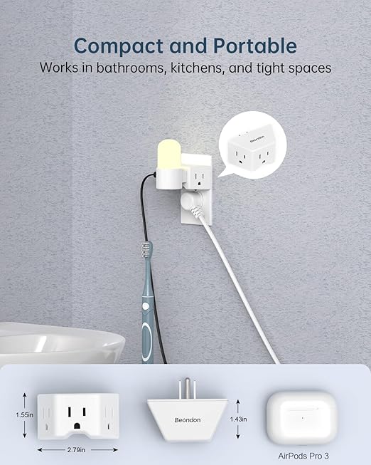 BEONDON Small Angled Outlet Extender, 3 Way Outlet Splitter Plug for Bathroom Kitchen Bedroom Dorm and Other Tight Spaces, White, 2 Pack