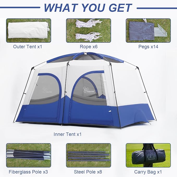 Vidalido Tents，6-8 Person Camping Tent with Extended Vestibule，2 Room Weather Resistant Family Tents，Easy Install Waterproof Outdoor Tent for Backpacking and Camping Hiking