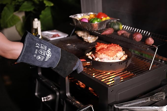 Fireplace Gloves Fire Heat Resistant: Dark-Grey 16IN 932℉ - Fireproof Leather for Fireplace Fire Pit Wood Stove Campfire Furnace BBQ Grill Oven Stick Mig Welding Welder Gear - Birthday Gift XL