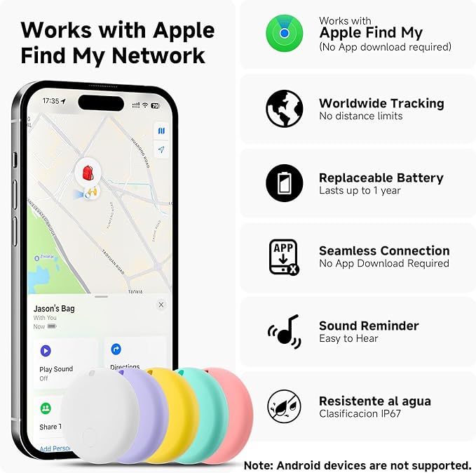JTD Air Tracker Tags 5 Pack for Find My, 2026 Upgraded with IP68 Waterproof Item Finder with Left-Behind Alert, 5 Colors for Keys, Luggage, Backpack, Wallet. iOS Only.