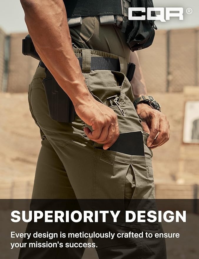 CQR Men's Flex Ripstop Tactical Pants, Water Resistant Stretch Cargo Pants, Lightweight EDC Hiking Work Pants