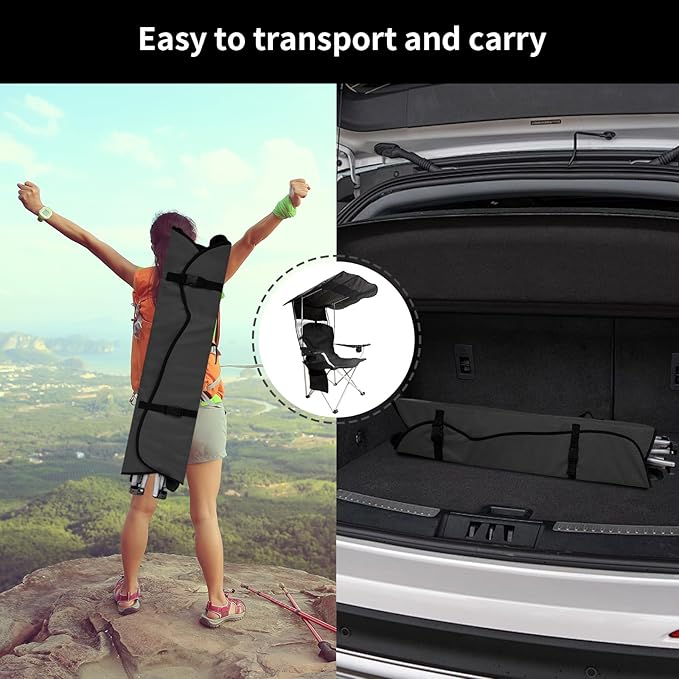 Portable Camping Chair with Canopy Shade- Folding Camping Lounge Chair with Cup Holder & Side Pocket for Outdoor Camping, Fishing, Beach - Support 330 LBS(BLACK-2PK)