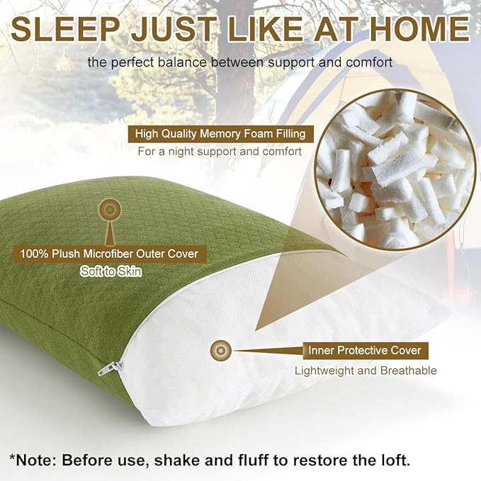 Ivellow Memory Foam Travel Pillow - Compact, Lightweight, Breathable & Hypoallergenic - Adults & Kids - Camping, Hiking, Travel - Avocado Green