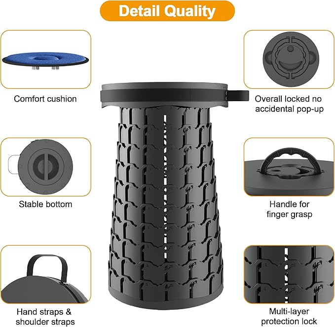 ALEVMOOM Upgraded XXL 19.7" Collapsible Stool, Heavy Duty Portable Folding Stool Max Load 1000 lbs, Retractable Telescoping Foldable Seat for Camping Fishing Hiking Travel BBQ