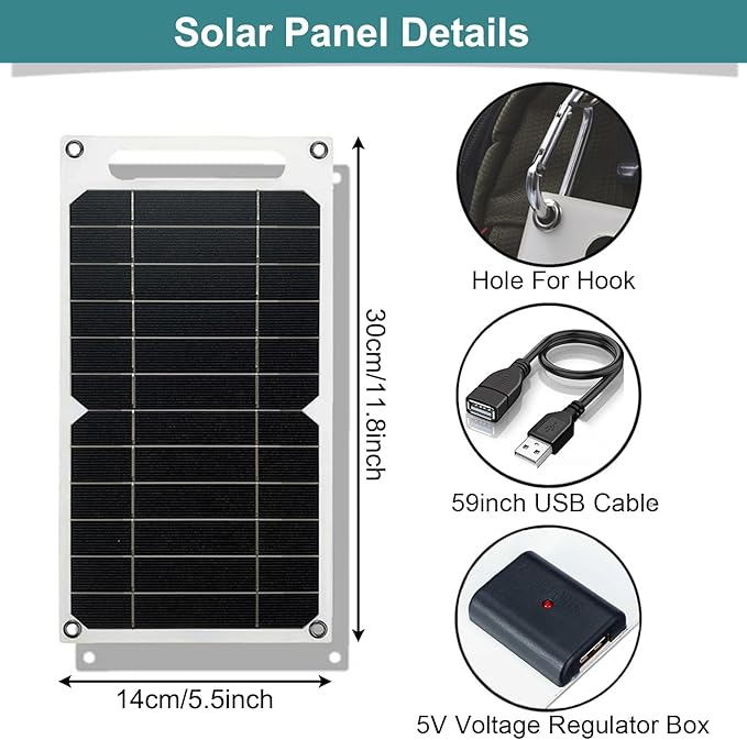 Mini 5V 6W USB Solar Panel, Portable 5 Volt 6 Watt High Efficiency Monocrystalline Solar Panel Charger with 55inch Cable for Cellphone Camera Fan Camping Lantern etc.