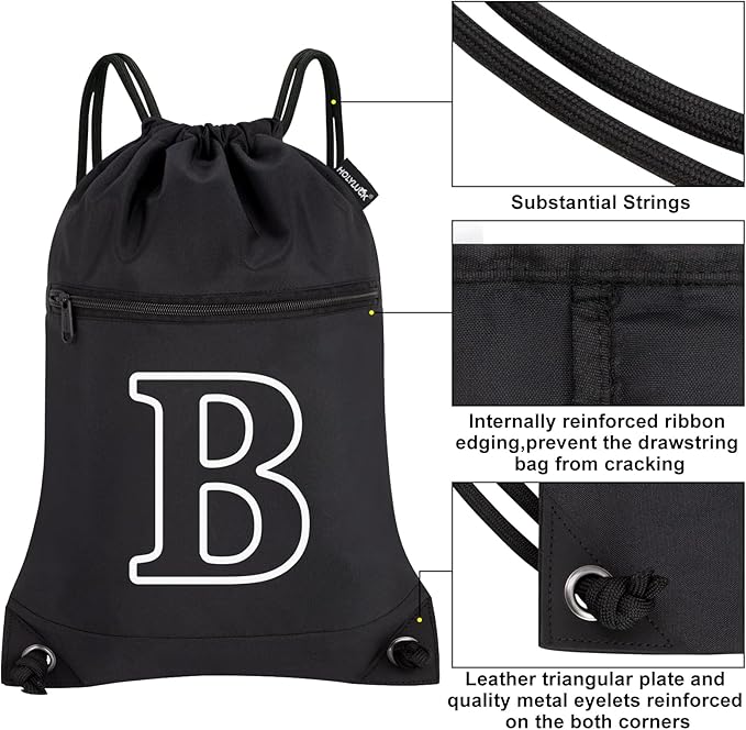 HOLYLUCK Drawstring Bags Initial Backpack Sackpack Cinch Bags for Sports, Gym, Travel, Beach(Black-B)