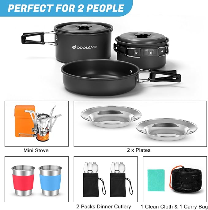 Odoland 16pcs Camping Cookware Mess Kit with Folding Camping Stove, Non-Stick Lightweight Pots Pan Set with Stainless Steel Cups Plates Forks Knives Spoons for Camping, Backpacking, Outdoor Cooking