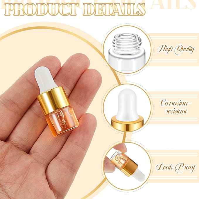 12 Pcs Mini Glass Oil Dropper Bottle Bulk, Clear Essential Small Empty Bottles Sample Containers Perfume Liquid Vials with Cap for Traveling (1 ml,Gold)