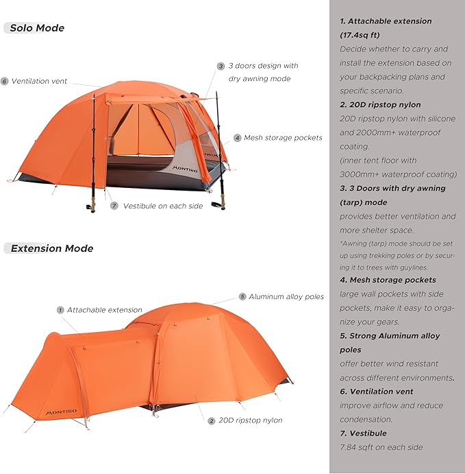 Triphyr Backpacking Tent with F-Nexus Extension 2-Person Combo, Attachable Extension Shelter, Lightweight 2 Person Tent for Backpacking Camping Hiking & Biking