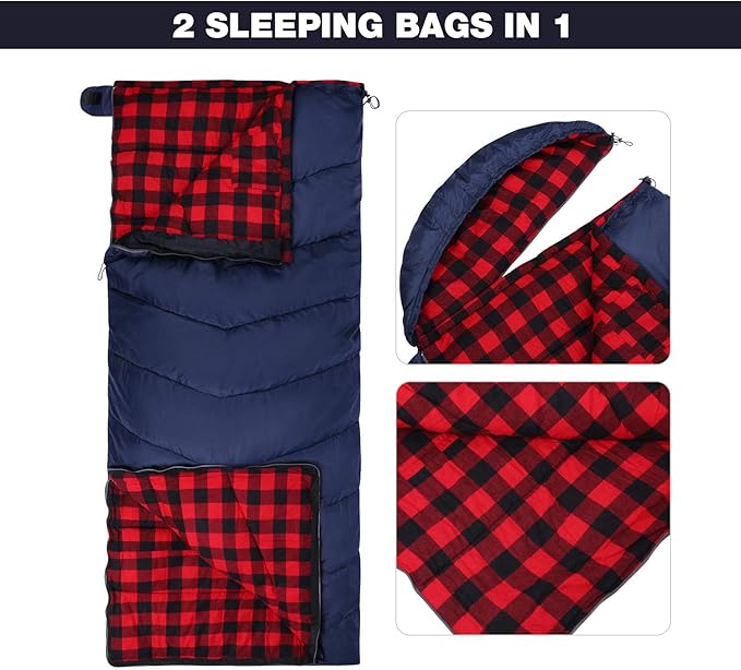 REDCAMP Cotton Flannel Sleeping Bag for Camping Backpacking, Adults Cold Weather Envelope Sleeping Bags with 2/3/4/6lbs Filling