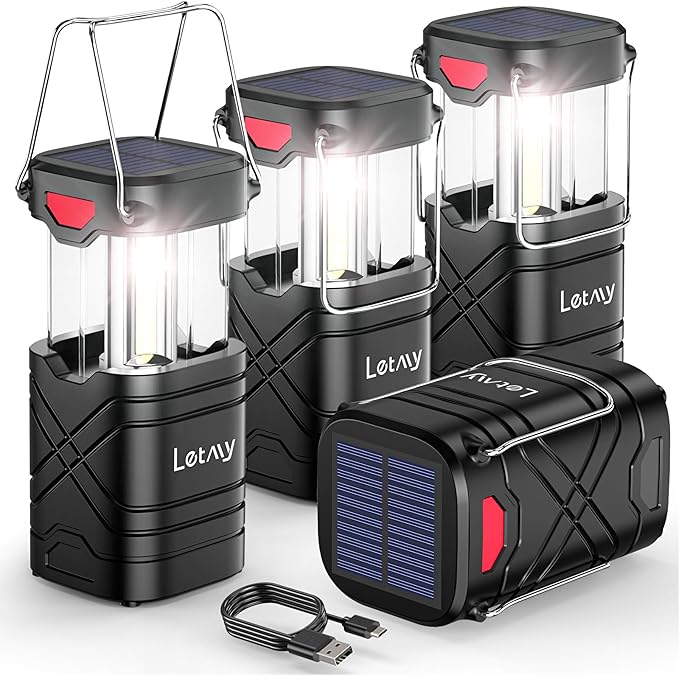 LETMY 4 Pack Camping Lantern, Rechargeable LED Lanterns, Solar Lantern Battery Powered Hurricane Lanterns Flashlight with 3 Powered Ways & USB Cable for Emergency, Power Outage, Hurricane Supplies