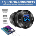 12V USB Car Socket Round USB C 12V Outlet, 3-Port Marine Fast Charger Waterproof Cigarette Outlet Replacement Aluminum with Switch & Voltmeter, Suitable for Boat Golf Cart RV Motorcycle Truck