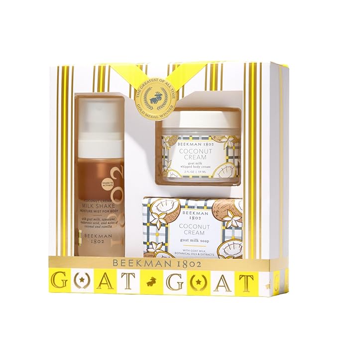 Beekman 1802 Coconut Cream 3-Piece Body Care Set – Goat Milk Skincare Gift Set with Bar Soap, Whipped Body Cream & Hydrating Body Mist – Travel Size Body Care Kit