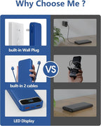 12000mAh Lightweight-Portable-Charger-Power-Bank with Built-in Cables and AC Wall Plug, PD20W USB-C Fast Charging Battery Pack, LED Display External Travel Phone Charger for All iPhone,Samsung,Android