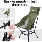 Wildhiker Portable High Back Folding Camping Chairs – Compact with Dual Sitting Modes, Pillow, Arm Pads and Side Pockets – Lightweight Chair for Motorcycle, RV, Festival, Travel – Green