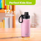 Kids Water Bottle for School 12 oz Stainless Steel Double Wall Vacuum Insulated Water Bottle Leak Proof-Reusable Metal Flask with Silicone Boot for Travel, BPA-Free(Purple Pink)