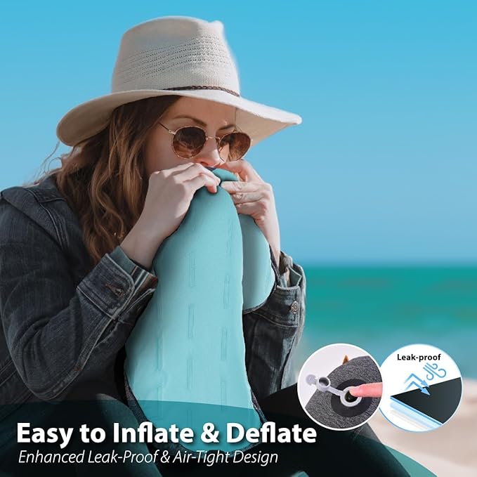 TREKOLOGY Inflatable Beach Pillow – Portable Beach Chair Pillow with Adjustable Strap & Sand Bag for Stability, Washable Cover, and Ergonomic Support for Ultimate Relaxation ALUFT Mint