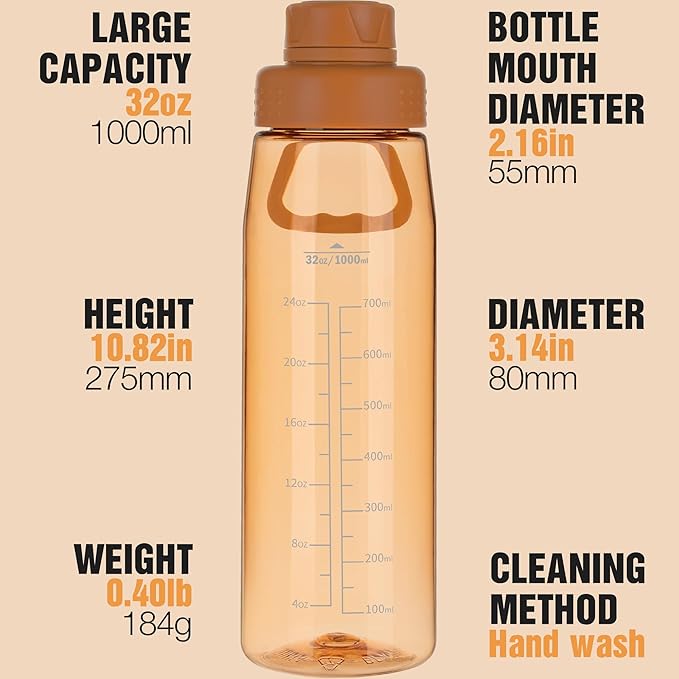Water Bottle 32oz, clear water bottle with Spout Lid and Carry Handle, Reusable, Tritan, BPA Free, Hiking Water Bottle Suitable for Travel, Outdoors, Gym, Travel, Home, School (Orange)