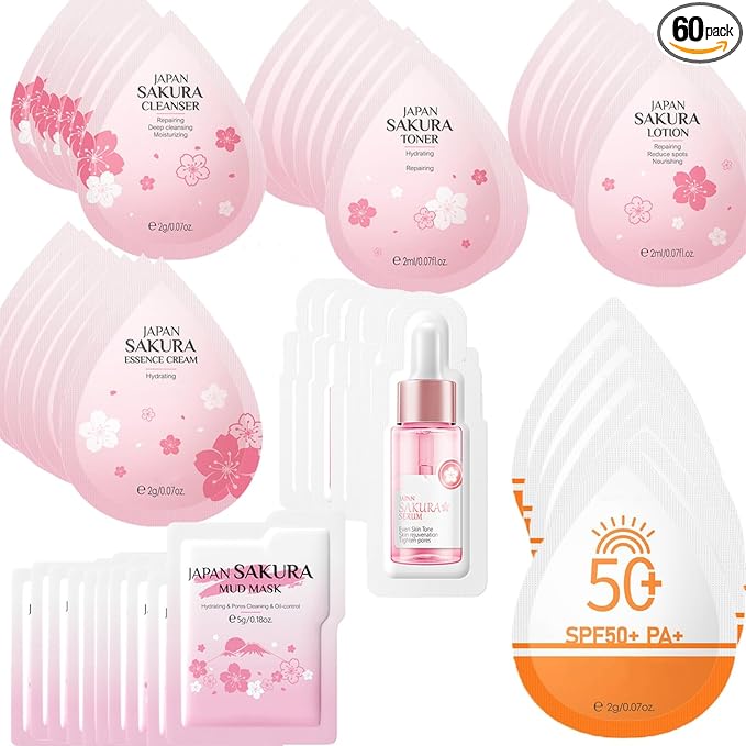 Mini Travel Skincare Products, Mini Travel Items Including Isolation Cream, Face Wash, Serum, Toner, Lotion, Cream, Sakura Mud Mask, Face Skin Care Routine Kit Organic Skin Care Set (VC 70 pieces)