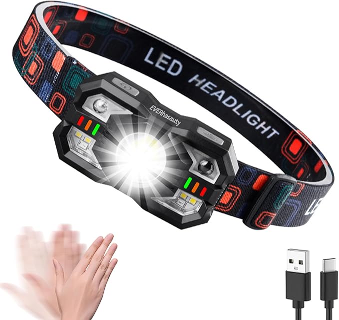 Headlamp Rechargeable, 1200 Lumen Super Bright LED Headlight Motion Sensor, 10 Mode Waterproof Lightweight Headlamp Flashlight with Red Light, for Hiking Running Fishing Cycling Camping