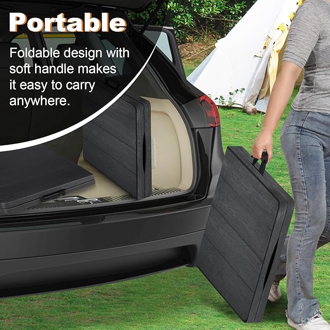 4ft Folding Table, Portable Fold-in-Half Adjustable Height Utility Table for Indoor/Outdoor Use, Durable HDPE & Steel, Stable & Lightweight, Multi-Purpose, Black Woodgrain