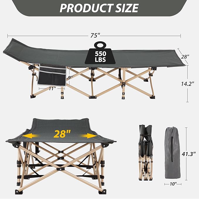 Folding Camping Cot for Sleeping, Portable Cots for Adults, Heavy Duty Cot Bed 550LBS(Max Load), Extra Wider Cots with Large Pocket for Outdoor, Office, Beach