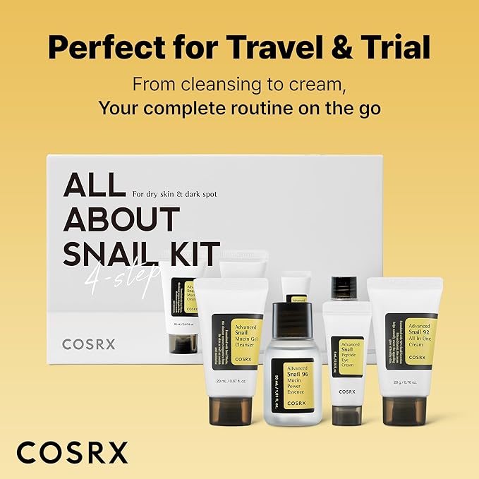 COSRX All About Snail Mucin Korean Skin Care Set, Mini Travel Essentials, Travel Size Gift Set with Snail Mucin Face Wash, Serum, Moisturizer & Eye Cream, Rejuvenating Kit, Mothers Day Gifts for Mom