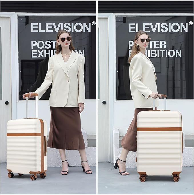 Kono Medium Sized Checked Luggage, 24 Inch Expandable with Spinner Wheels, TSA Lock, ABS + PC Lightweight Travel Suitcase with Larger Capacity and Lighter Weight, Cream Brown
