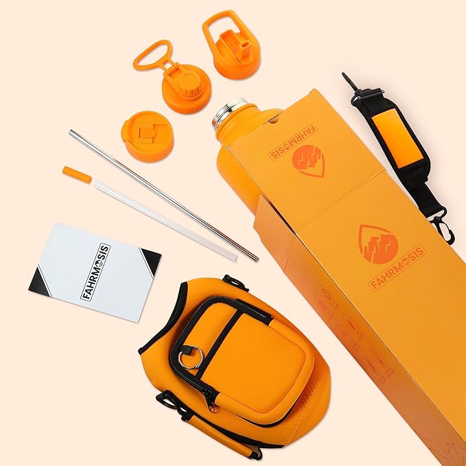 64 Oz Insulated Water Bottle with Strap Stainless Steel Sports Water Bottle with 3 Lids (Straw, Chug and Flip Lid) Leak Proof Metal Half Gallon Jug for Men & Women - Orange Fusion