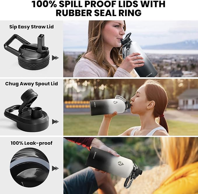 Insulated Water Bottle 87 oz, Triple Wall Vacuum Stainless Steel (Cold for 48 Hrs), Leak Proof & Non-BPA, Modern Water Flask Jug with Paracord Handle & Straw Spout Lids, Ombre: White/Black