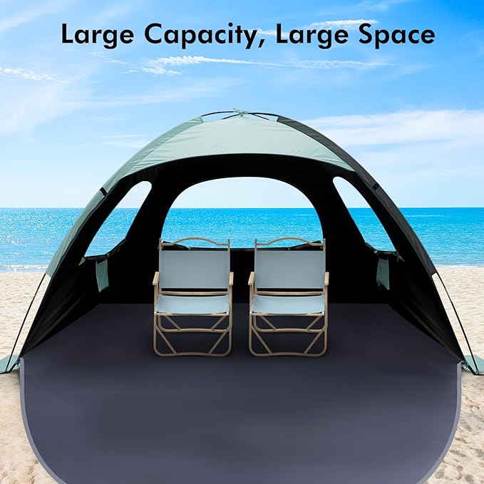 WhiteFang Beach Tent Anti-UV Portable Sun Shade Shelter for 3/4/6/8 Person, Extendable Floor with 3 Ventilating Mesh Windows Plus Carrying Bag, Stakes and Guy Lines